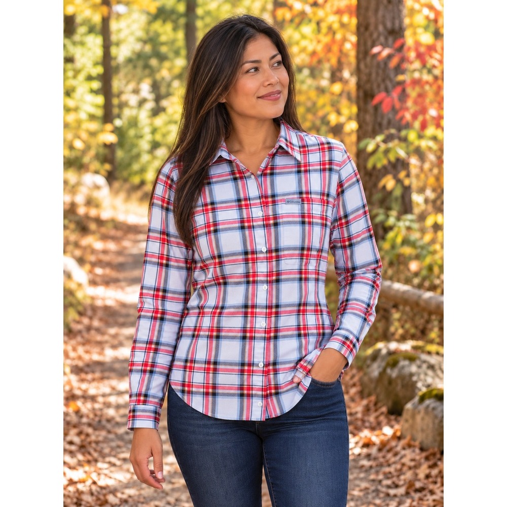 Columbia Anytime Plaid Shirt Button Front Women Large Cotton Stretch Heritage